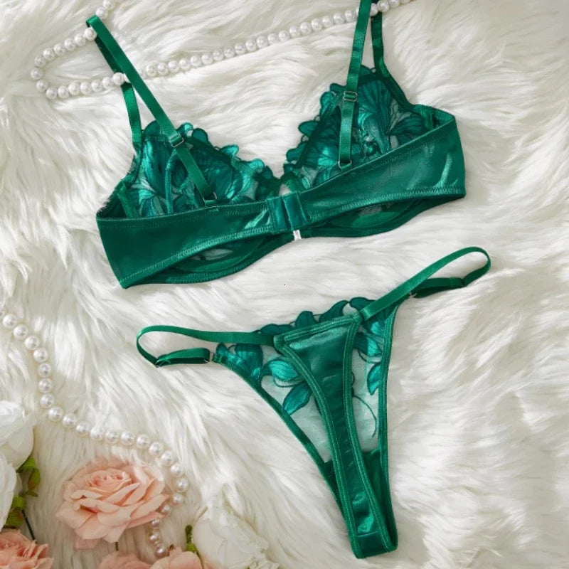 Sexy Lingerie Set Women Transparent Bralette Underwire 2 Piece Bra Floral Embroidery Push Up Bra Panty and Panty Set Underwear