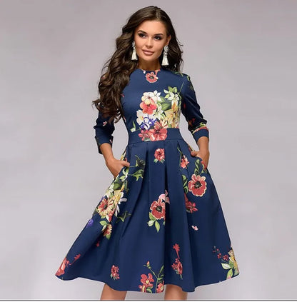 Retro Floral Print A- Line Dress Midi Length Three-Quarter Sleeve round Neck Party Dress Sweet Fresh Style Urban Fashion