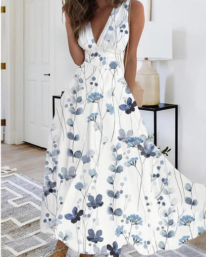 Summer Women Dress Fashion Sexy V-Neck Sleeveless Higt Waist Long Dresses Elegant Office Printing Holiday Party Dress Vestidos