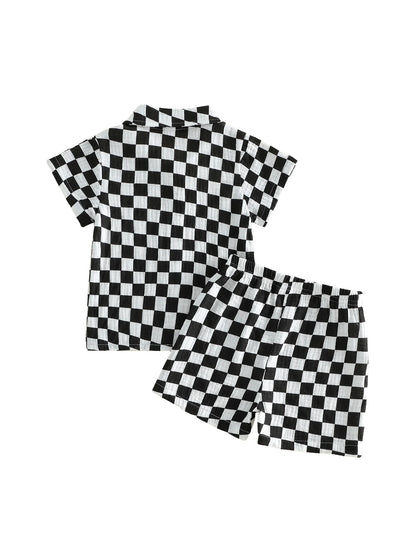 Toddler Baby Boys Summer Outfit Fashionable Plaid Short Sleeve Lapel Shirt with Shorts 2Pcs Set