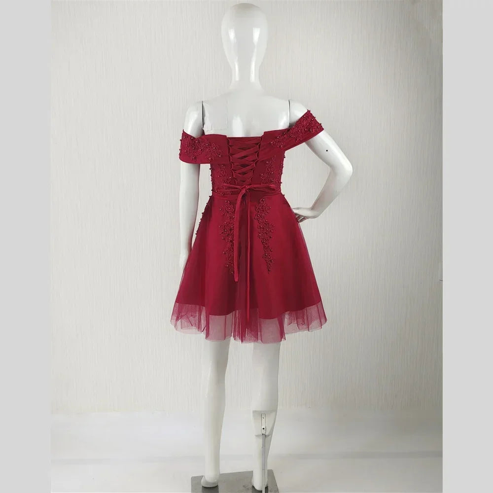 It's Yiiya Customization Real Photo Prom Dress Wine Red Beads Off the Shoulder A-line Knee-length Lace up Plus size Formal Gown