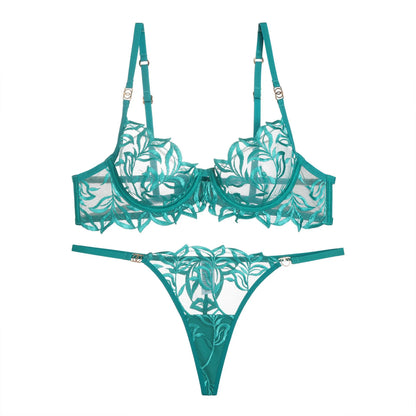 Lace Lingerie Bra & Brief Sets Women's Transparent Lace Bra Top Thin Cotton Sexy Embroidered Hollow Out T-back Soft Bra Set