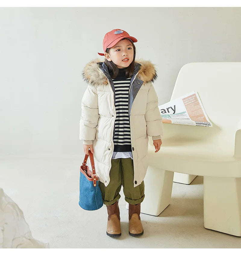 Winter Girls Down Jacket Keep Warm Fur Collar Fashion Little Princess Coat Hooded Boys Long Parkas Outerwear Children Clothing