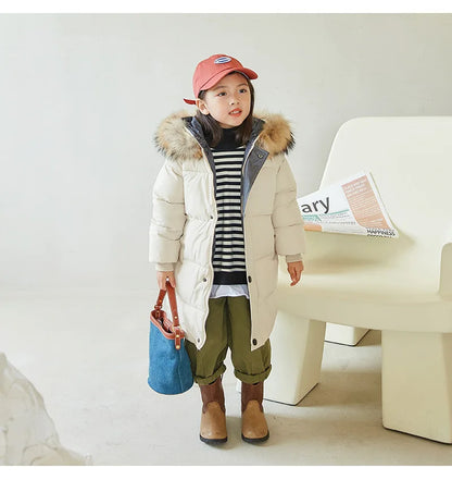 Winter Girls Down Jacket Keep Warm Fur Collar Fashion Little Princess Coat Hooded Boys Long Parkas Outerwear Children Clothing
