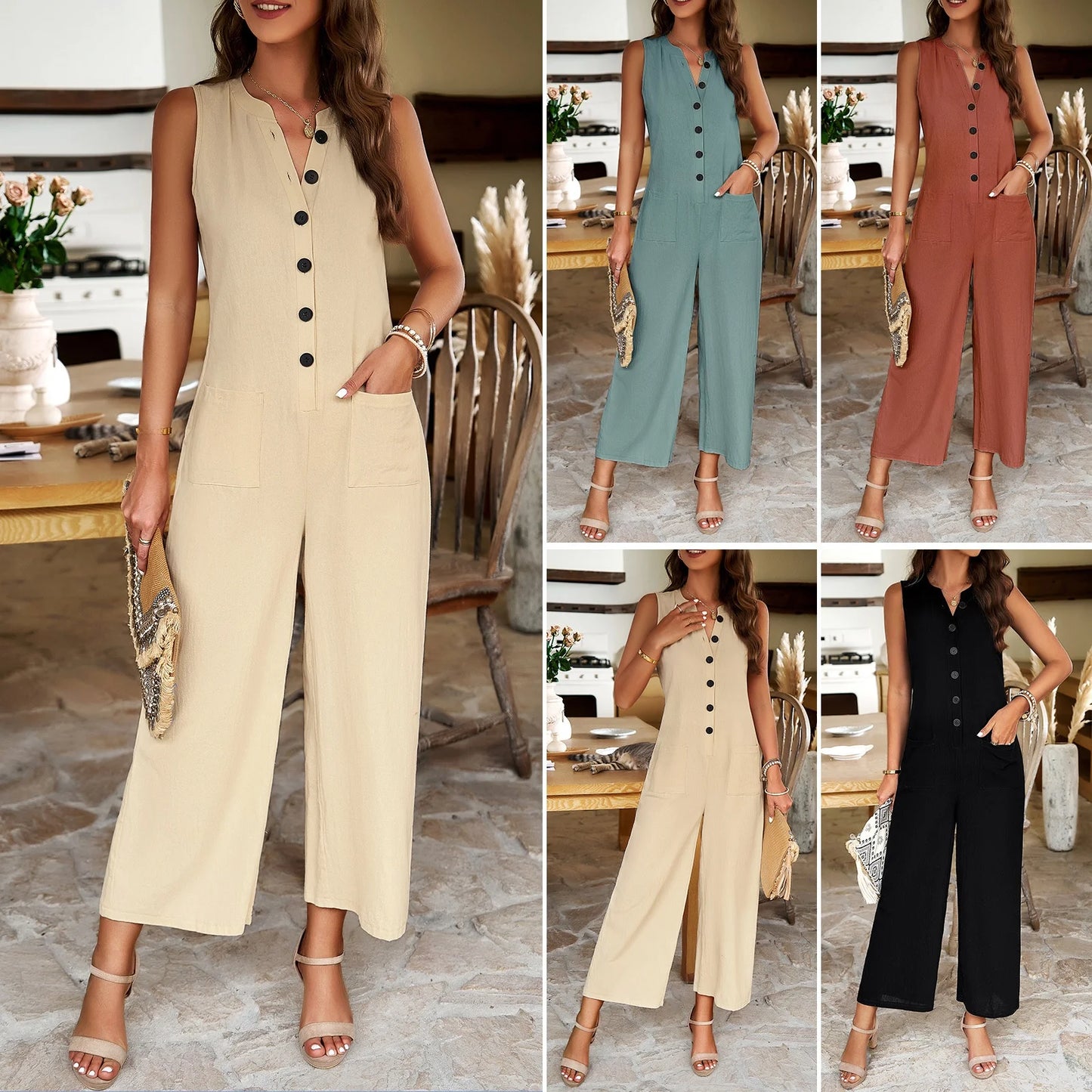 Ele Cotton Linen One-Piece Pants for Women with Button Pure Color Cross-Border Spring Summer Street Sle Wide Leg Trousers