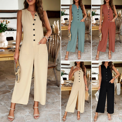 Ele Cotton Linen One-Piece Pants for Women with Button Pure Color Cross-Border Spring Summer Street Sle Wide Leg Trousers