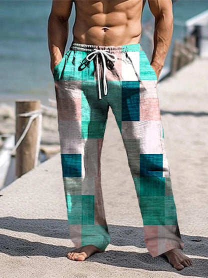 Plaid Color Block Men's Resort 3D Printed Casual Pants Trousers Elastic Waist Fit Straight-Leg Pant Summer Beach Pants 6XL