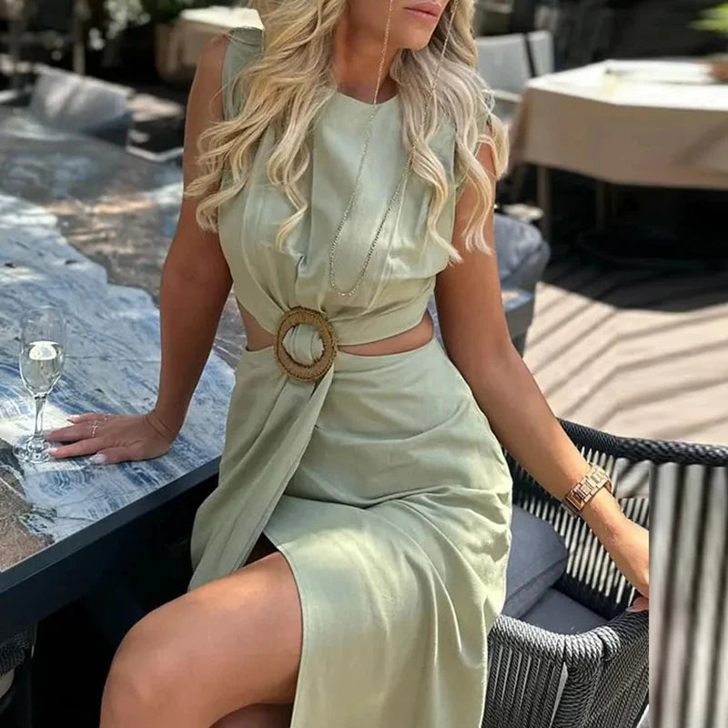 Elegant Sleeveless O-neck Party Dress Summer New High Waist Hollow Out Halter Dress Fashion Slim Solid Color Split Evening Dress