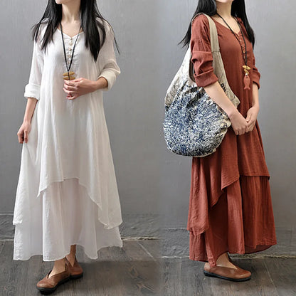 Women Elegant Linen Ginger Dresses Bohemia Layering Vintage Robe Long Sleeve Loose Long Dress Female Autumn Vestidos