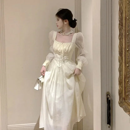 Elegant Princess Party Dress Women High Waist A-line Lace Up Autumn Spring French Vintage Prom Robe Fairy Vestidos Mujer Платье