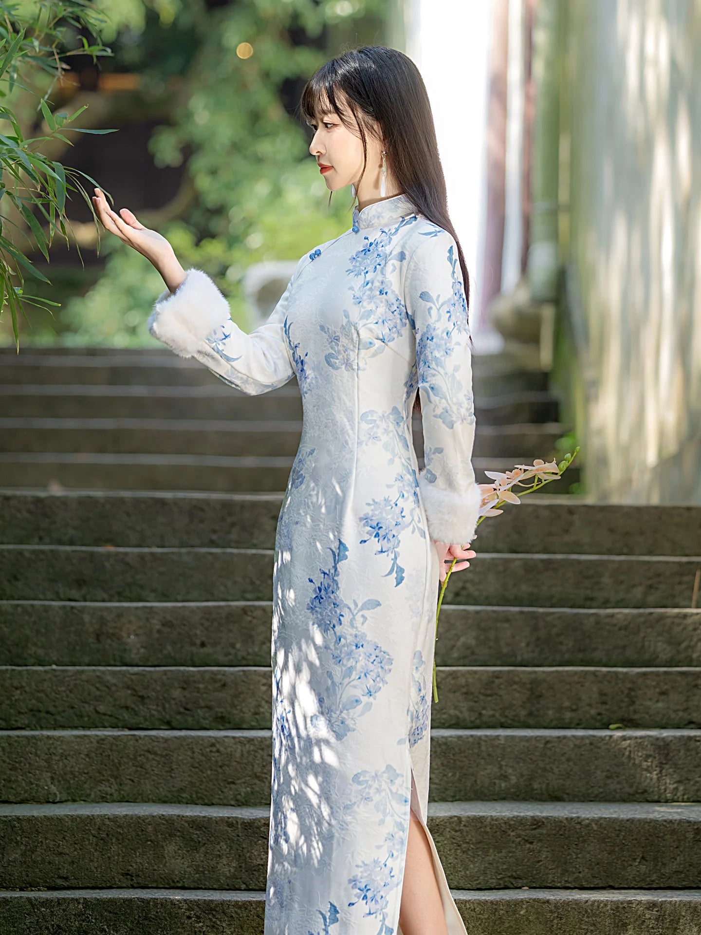 Winter Thiened Fce Lined Young Sle Improved  Chinese Cerc Blue Floral Print Daily Wear Warm Long Sve Dr