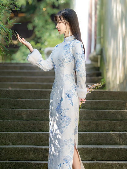 Winter Thiened Fce Lined Young Sle Improved  Chinese Cerc Blue Floral Print Daily Wear Warm Long Sve Dr