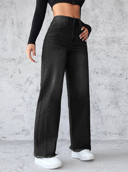 Street Sle High Waist Wide Leg Straight Jeans Women's No Stretch Denim Pants Casual Faion Pure Color Long Trousers