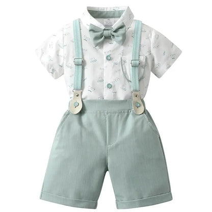 1-6Y Summer  Baby Boys Formal Costume Short Sleeve Bow Tie T-Shirt+Suspender Shorts Wedding Parties Festivals Gentleman Clothing
