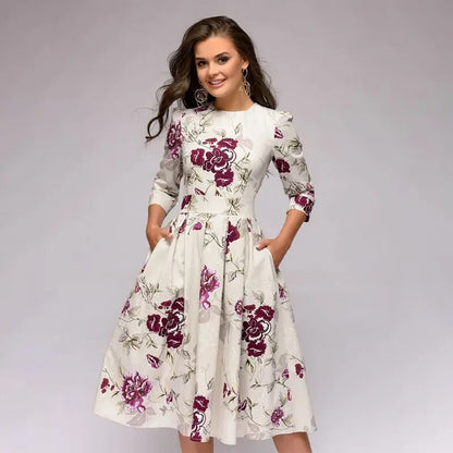 Retro Floral Print A- Line Dress Midi Length Three-Quarter Sleeve round Neck Party Dress Sweet Fresh Style Urban Fashion