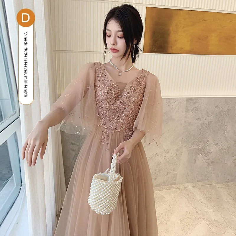 Champagne Color Maids Dr Long Sve Women's Sle Summer New Faion Simple Ele Long Silhouette Sister's up Gown