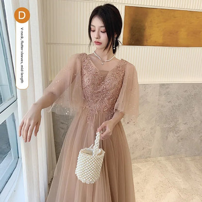 Champagne Color Maids Dr Long Sve Women's Sle Summer New Faion Simple Ele Long Silhouette Sister's up Gown