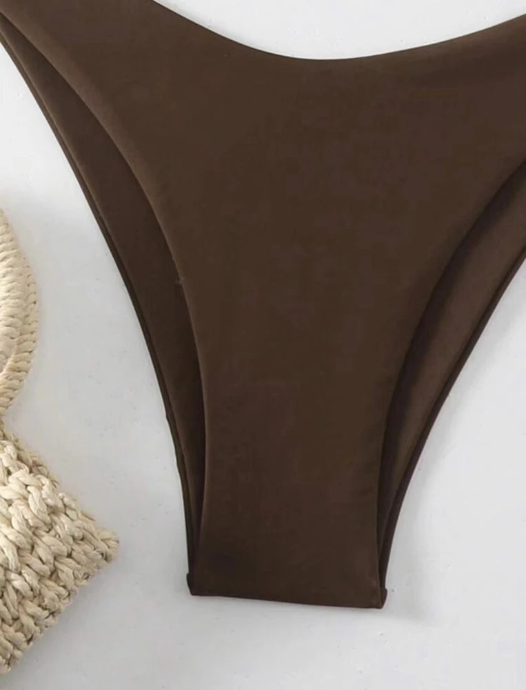 Women Thong Bikini Sexy Solid White/Black/Coffee Halter Swimsuit Lace Up Brazilian Bathing Suit 2025 New Double Fabric Beachwear