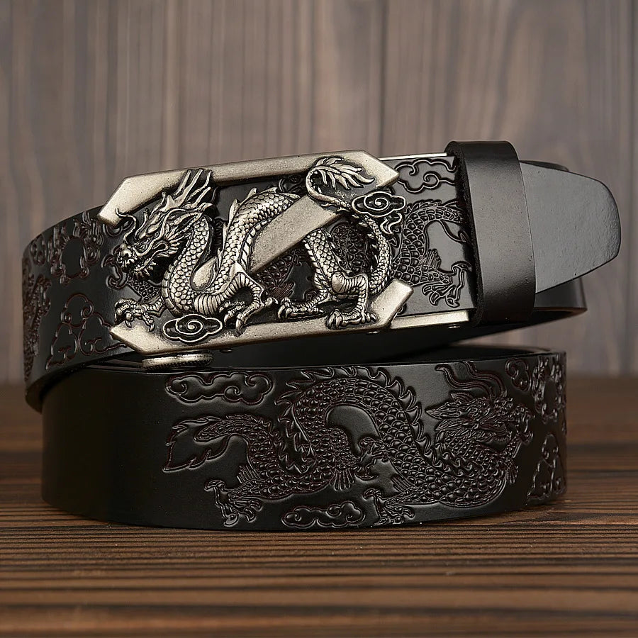 Male Genuine Leather Belts Casual Ratchet Belt with Automatic Buckle Luxury Design Dragon Pattern Belts for Business Men Strap