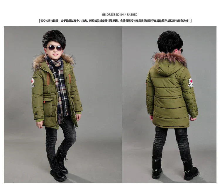 5-14 Years Big Boys Jacket Winter Thicken Warm Teenager Kids Jacket Fashion Long Style Zipper Hooded Children Outerwear Clothing