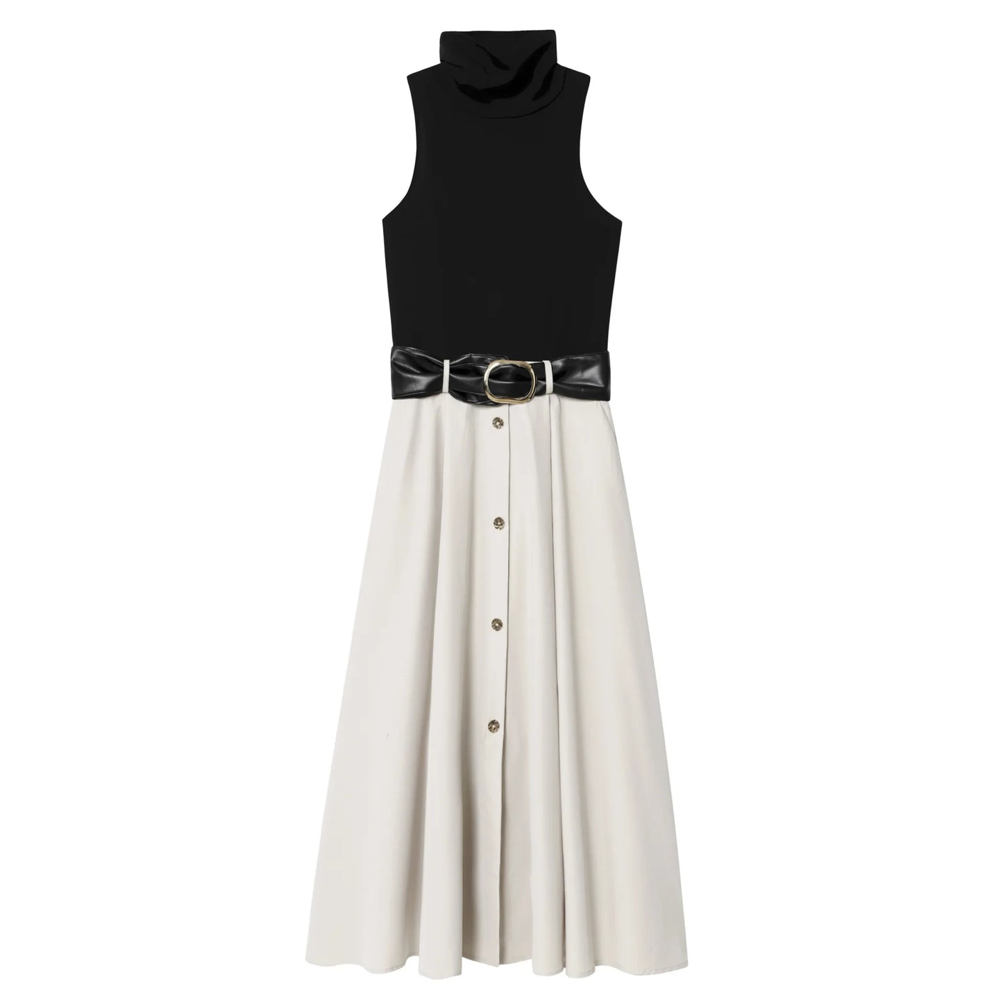 Women's New Fashion With Belt Slim Single breasted Splicing Stand Collar Midi Dress Retro Sleeveless Women's Dress