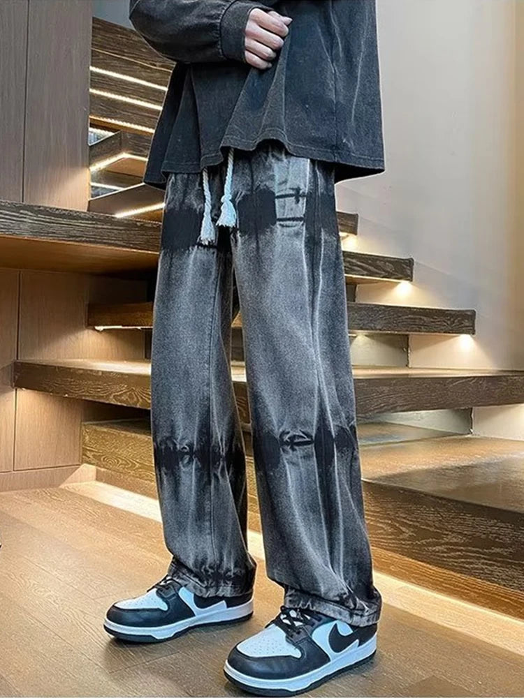 2026 New Tie Dye Retro Drawstring Jeans For Men Baggy High Street Straight Pants Hip Hop Fashion Casual y2k jean hombre pantalon