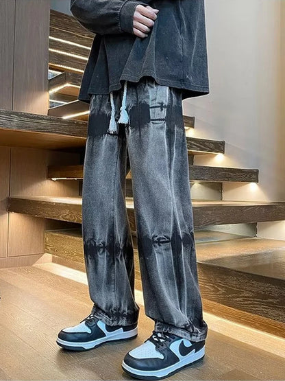 2026 New Tie Dye Retro Drawstring Jeans For Men Baggy High Street Straight Pants Hip Hop Fashion Casual y2k jean hombre pantalon