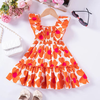 Summer Girls New Flying Sleeve Dress Floral Print Skirt Fashionable Versatile Square Neck Dress