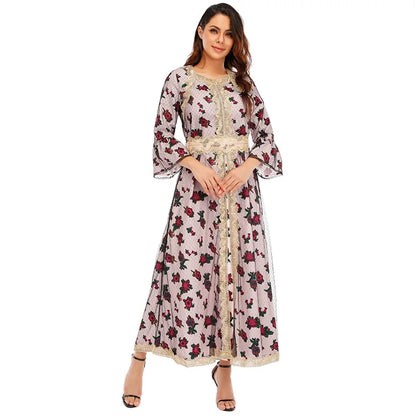 Muslim Fashion Abaya Dress Eid Malaysia Dubai  Muslim Women Printing Flower Fabric Classic Abaya Elegant Lace Dresses  Robe