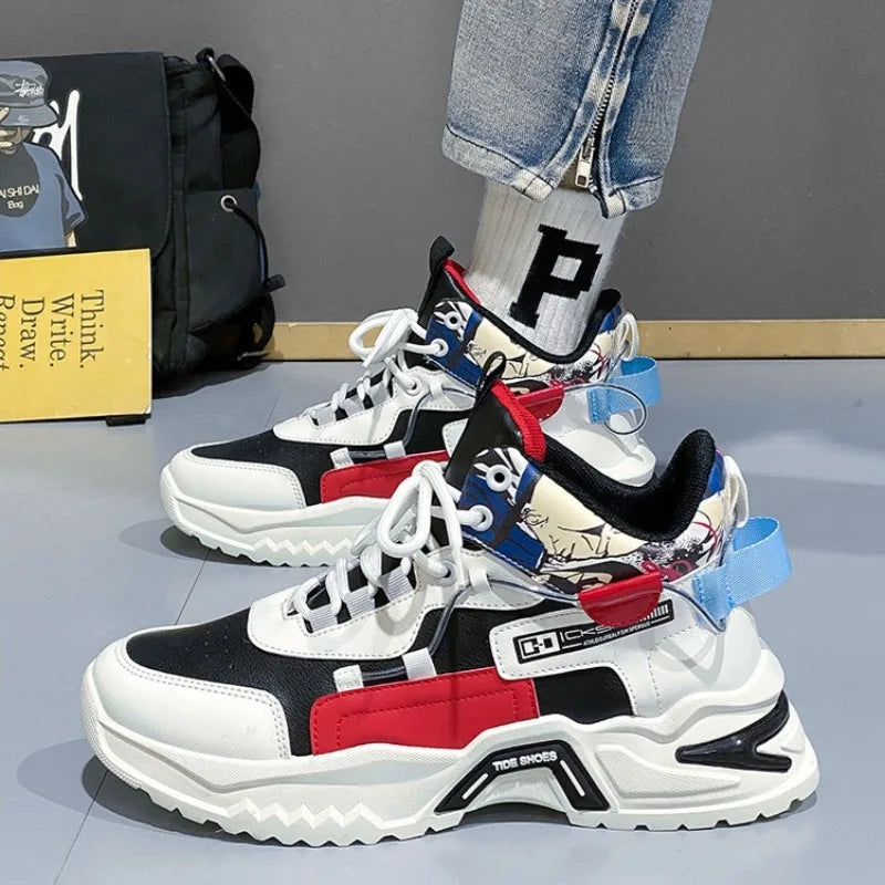 Spring Men Chunky Sneakers Trendy Fashion High-top Round Head Shoes Height Increase Color Block Casual Shoes zapatos de hombre