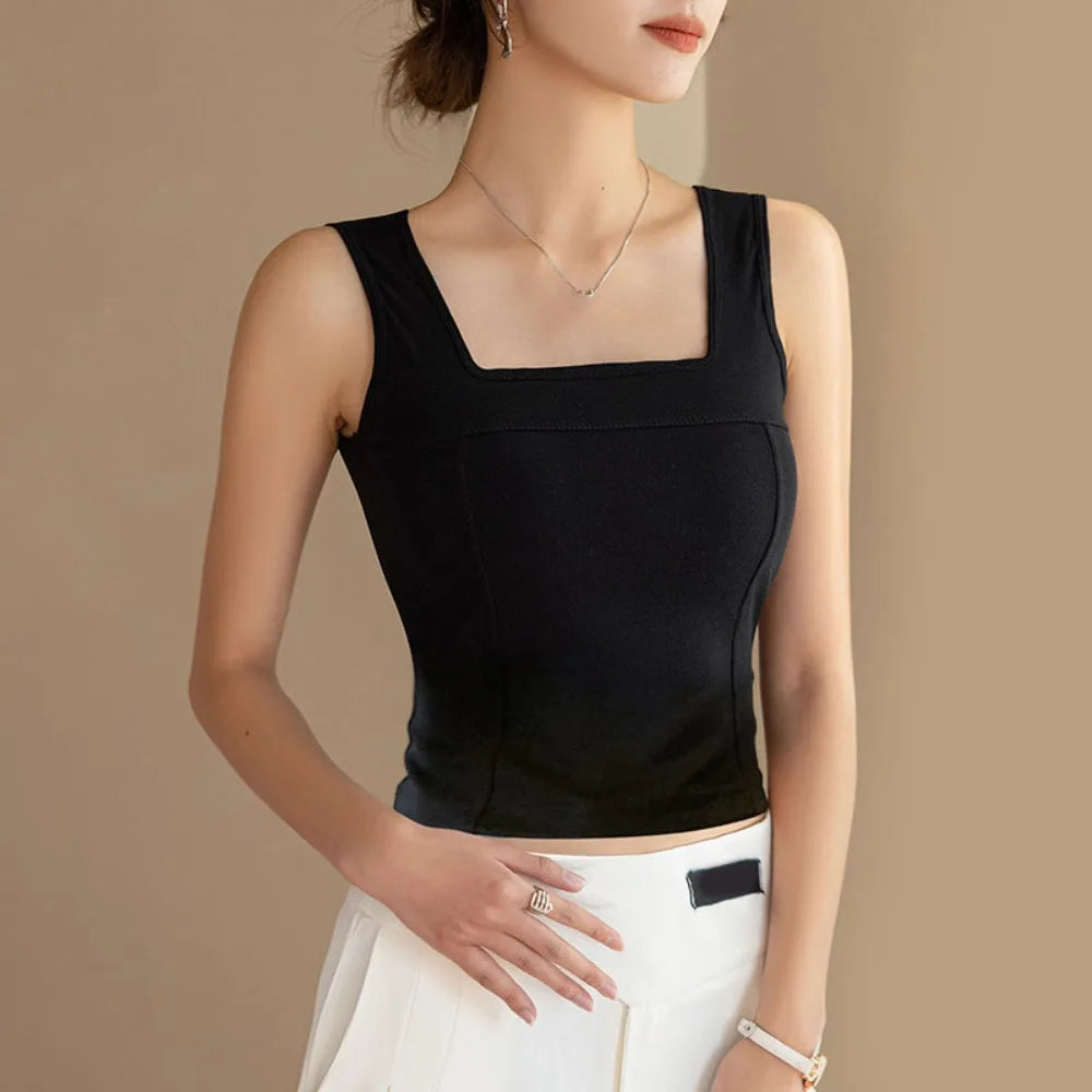 Simple Basic Skinny Vest Women Solid Color Square Neck Slim Crop Top Sleeveless Spicy Girl Style Camisole with Pads Girls