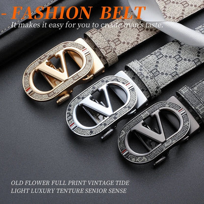 New Big "V" Automatic Buckle Men Belt, Fashionable Letter Buckle Waist Belt, Business Casual Leather Belt,Genuine Suit Belt