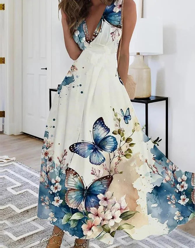 Summer Women Dress Fashion Sexy V-Neck Sleeveless Higt Waist Long Dresses Elegant Office Printing Holiday Party Dress Vestidos