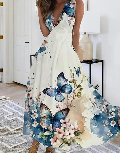 Summer Women Dress Fashion Sexy V-Neck Sleeveless Higt Waist Long Dresses Elegant Office Printing Holiday Party Dress Vestidos