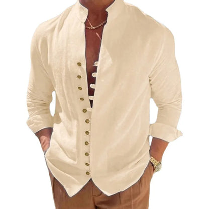 2023 New Men's Cotton Hemp Casual Loose Long Sve irt Pure Color Stand Collar Summer Faion Comfortable Clothing