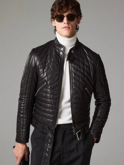 Male Genuine Leather Jacket Stand Collar Autumn Winter Zipper Slim Fit Cotton Padded Real Sheepskin Motorcycle Biker Style Coat