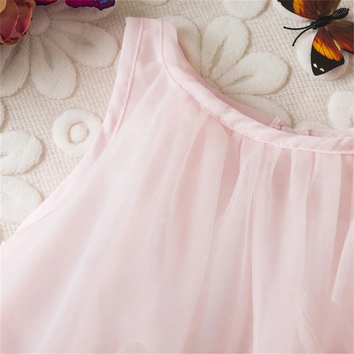 Girl Party Dress Summer New Sleeveless Solid Color Baby Girl Clothing Mesh Pleated Edges 3d Flowers Girl Costume