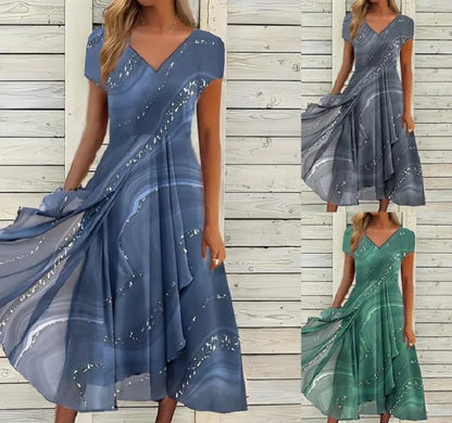 2025 Women's Dress Casual Fashion Office Patchwork Summer Midi V-Neck Women Swear Sweet Dresses For WomenClothes Vestidos