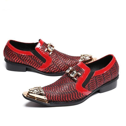 Men's Red Textured Leather Pointed Toe Buckle Dress Shoes Fashion Party Shoes Wedding Stage Formal Designer Footwear