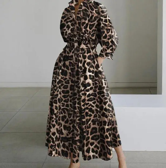 Temperament Summer Dresses for Women 2025 Fashion Leopard Print Long Sleeve Commuter Polo Large Swing long Elegant Dress Clothes