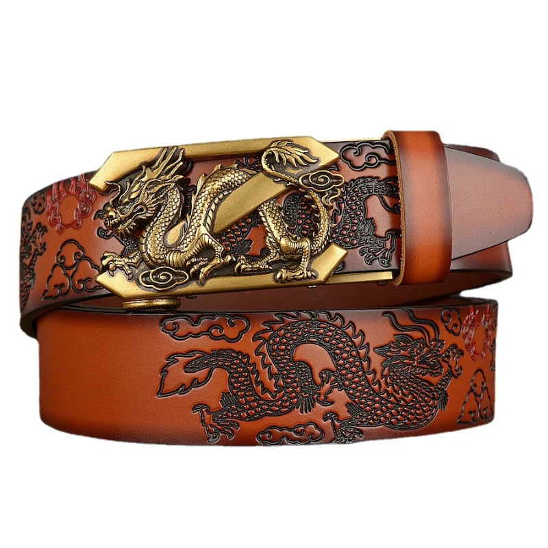 Male Genuine Leather Belts Casual Ratchet Belt with Automatic Buckle Luxury Design Dragon Pattern Belts for Business Men Strap