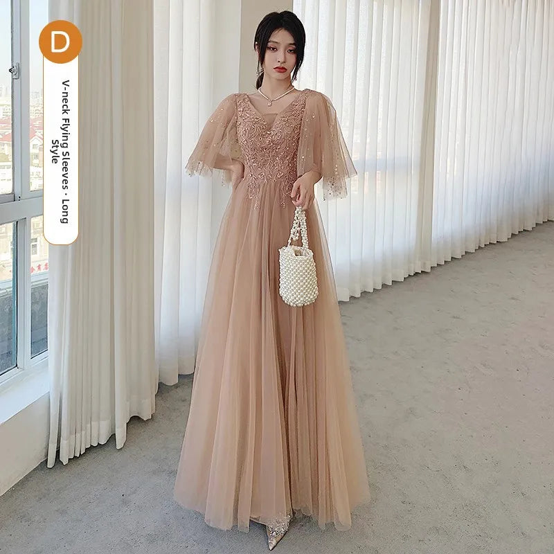 Champagne Color Maids Dr Long Sve Women's Sle Summer New Faion Simple Ele Long Silhouette Sister's up Gown