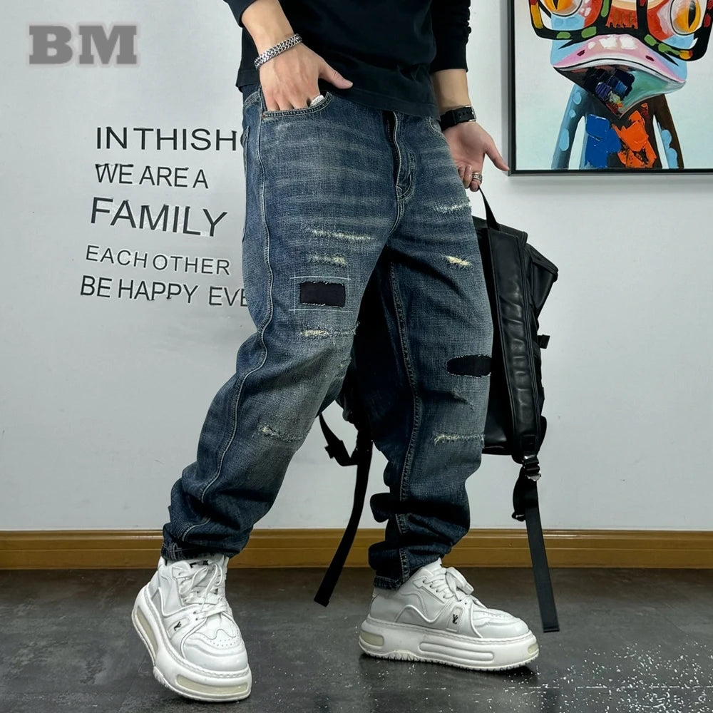 American High Quality Patch Ripped Jeans For Men Korean Fashion Denim Cargo Pants Streetwear Hip Hop Skateboard Trousers Male