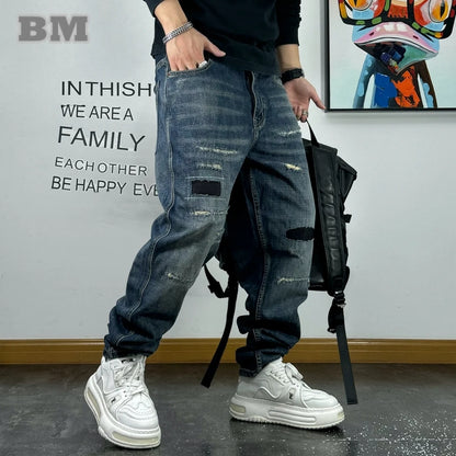 American High Quality Patch Ripped Jeans For Men Korean Fashion Denim Cargo Pants Streetwear Hip Hop Skateboard Trousers Male