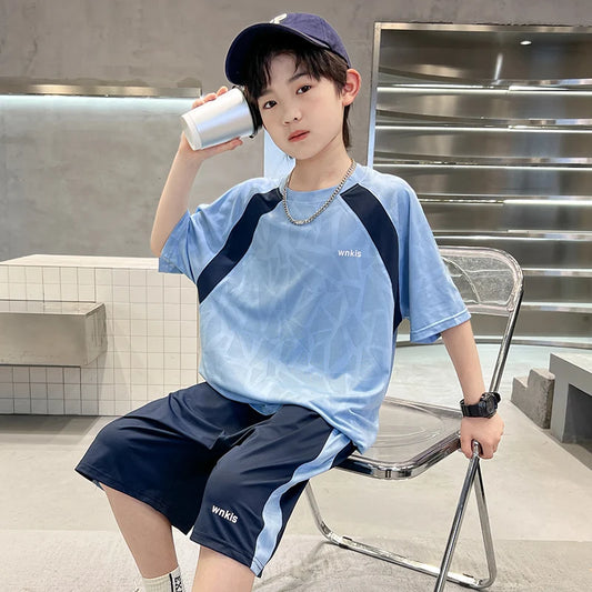 Boys Clothes Sets Summer Kids Sport Short Sleeve T-shirt + Shorts 2 Pieces Suit Teenage Child Outfits For 5 6 8 10 12 14 Years