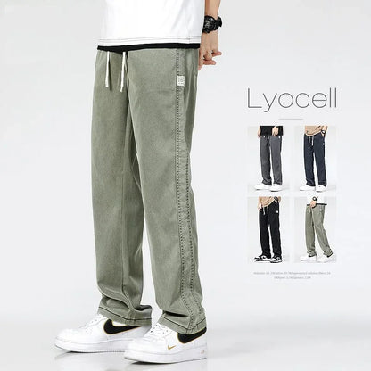 2025 Summer New Soft Lyocell Fabric Men's Jeans Thin Loose Straight Leg Pants Drawstring Elastic Waist Korean casual pants