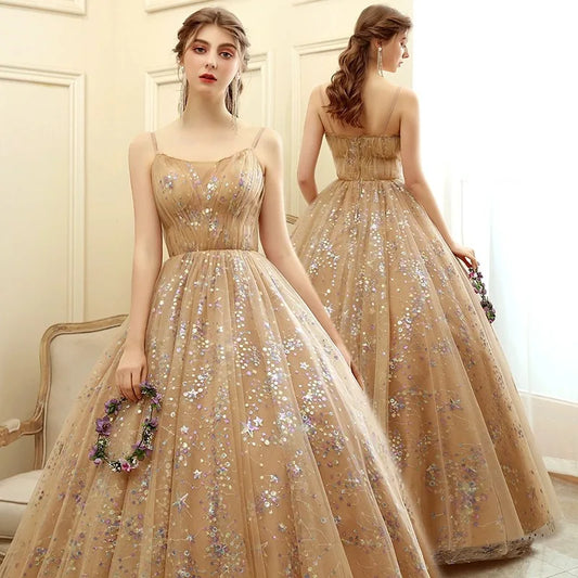 Customized Fashion Women Evening Dresses Spaghetti Straps Sequins Tulle Prom Birthday Party Gowns Formal Vestido De Noche