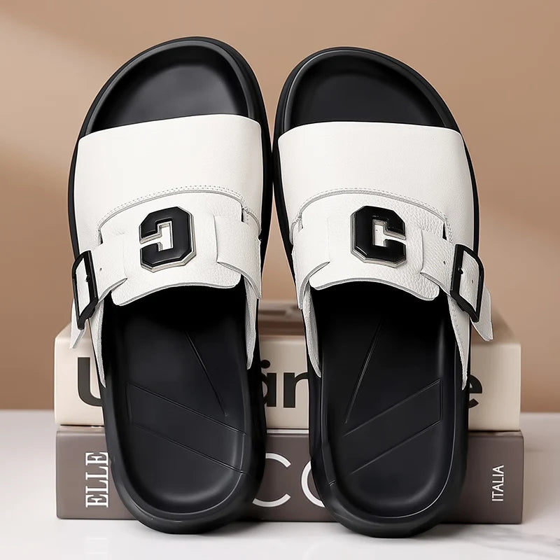 Men's Genuine Leather Non-Slip Breathable Slippers  Male Simple Soft-Soled Beach Shoes Outdoor Comfortable Walking Roman Sandals