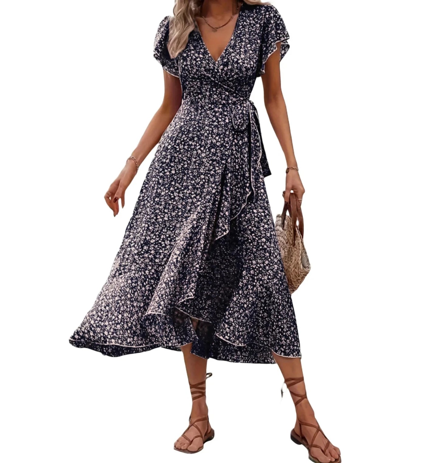 Women's Summer Flower Print Ruffle Dress Fashion Elegant Short Sleeve Wrap V Neck Tie Side Dresses