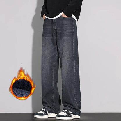 Fleece Jeans Men's Winter Fashion Straight Loose Thick Fleece Trousers Casual Vintage Streetwear Male Warm Plush Denim Pants
